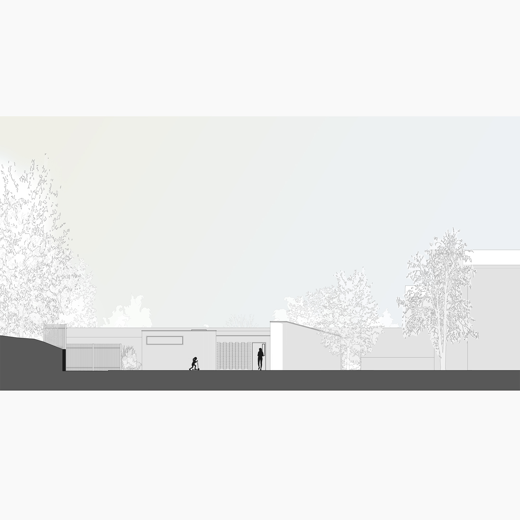 Coloured section / elevation showing proposed new dwelling sited between existing buildings and trees.