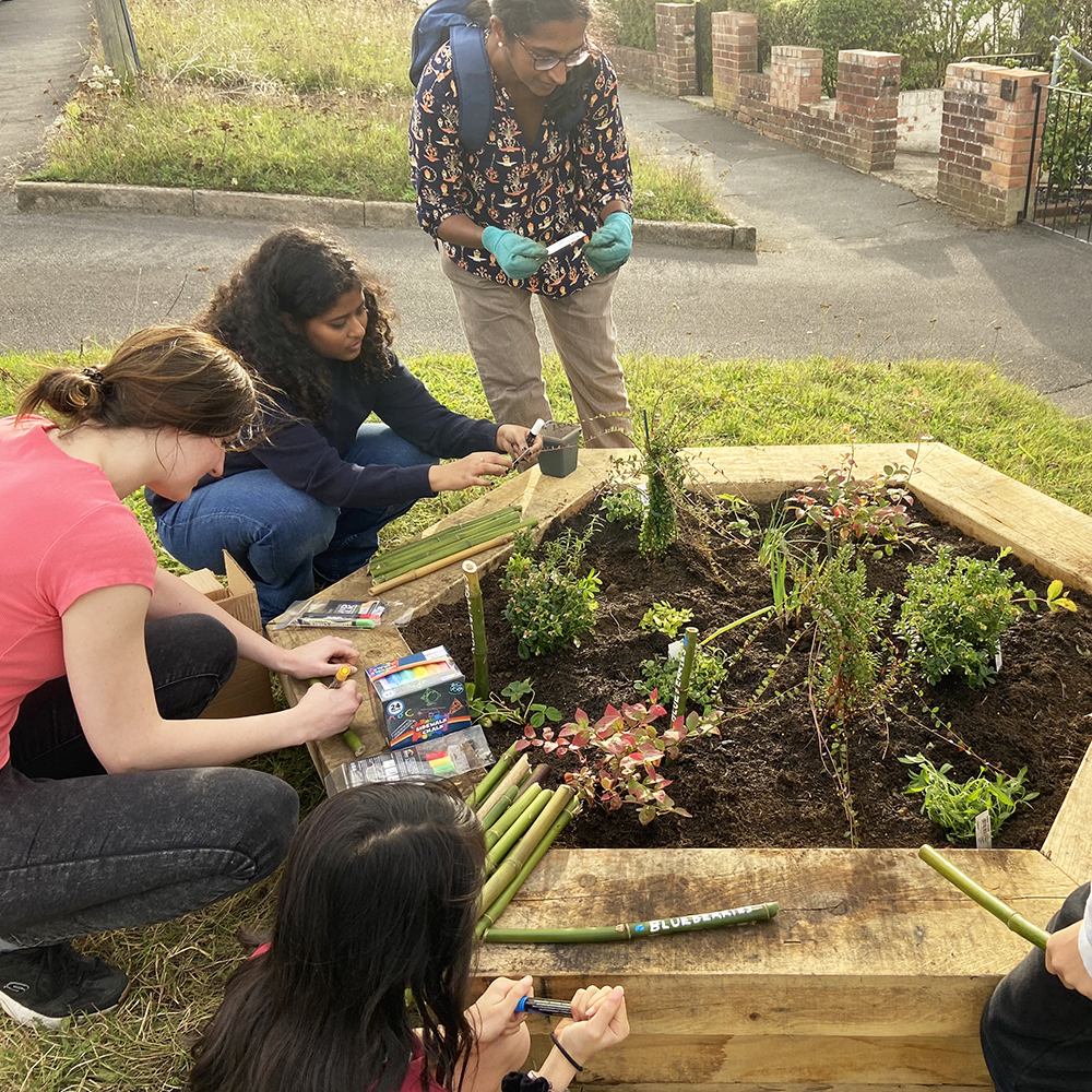 Edible Streets hexagonal timber planter with members of community planting edible plants