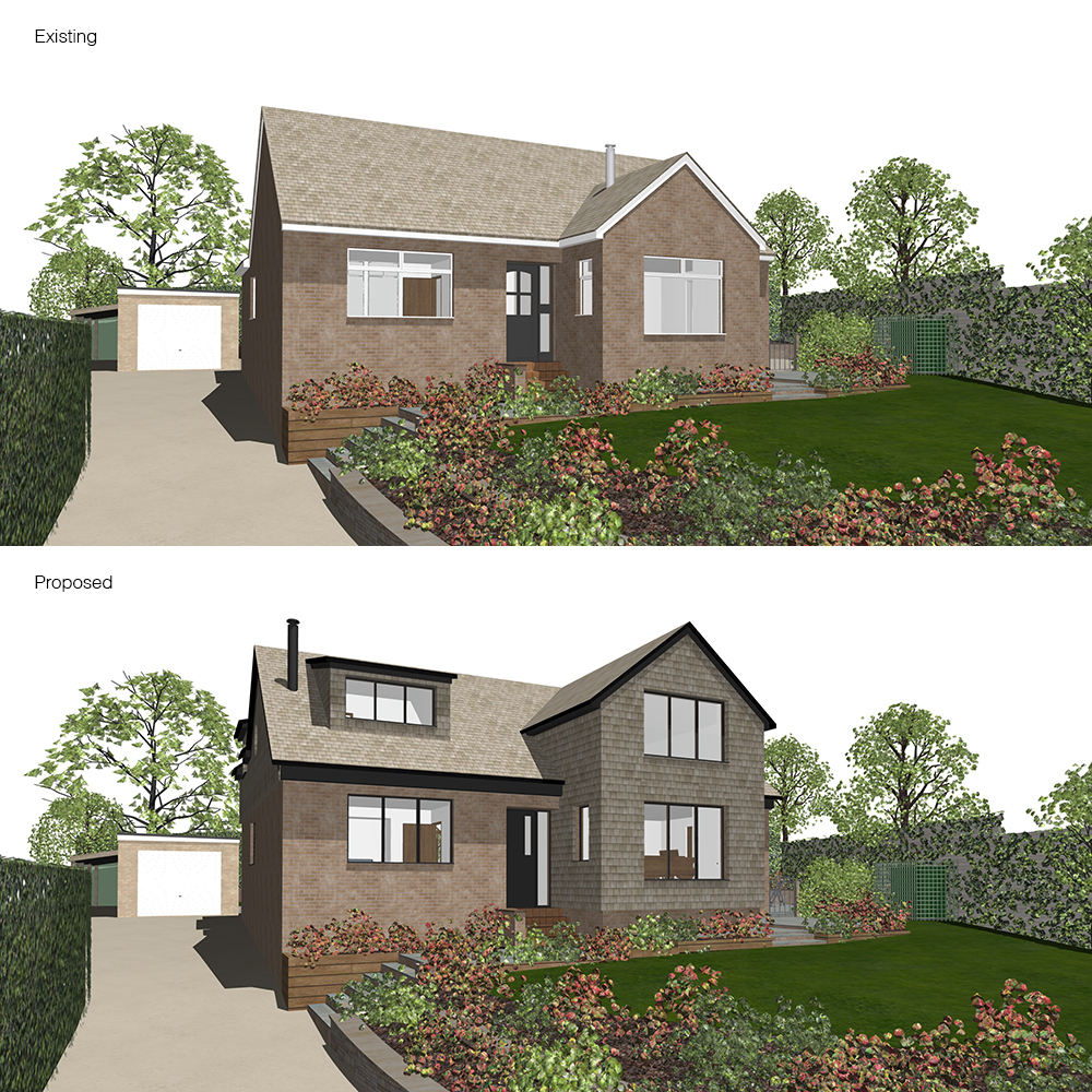 3D rendered images showing front of bungalow before and after proposal of extended roof with cedar shingle cladding